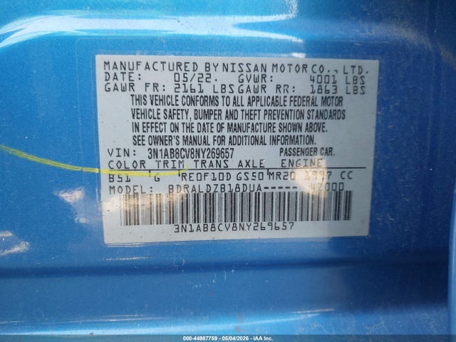 Aukcja sprzedaży 2022 Nissan Sentra Sv Xtronic Cvt, vin: 3N1AB8CV8NY269657, numer aukcji: 44987759