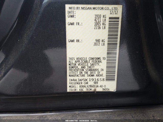 Auction sale of the 2013 Nissan Altima 2.5 Sl, vin: 1N4AL3AP5DC191658, lot number: 44987765