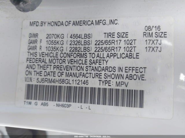 Honda CR-V EX 2016 5J6RM4H58GL112146 Image 9