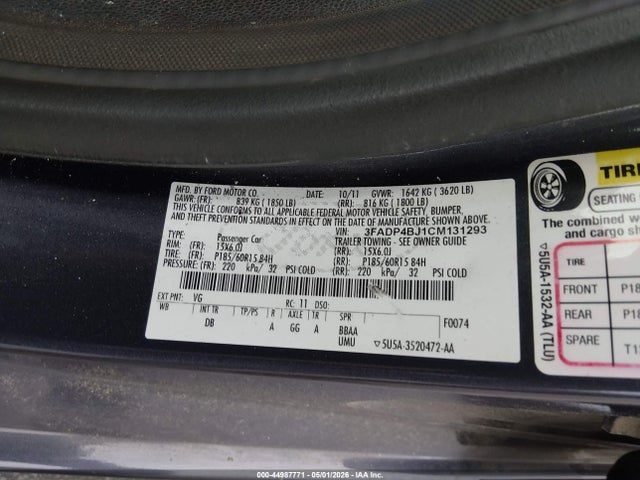 2012 Ford Fiesta Se მანქანა იყიდება აუქციონზე, vin: 3FADP4BJ1CM131293, აუქციონის ნომერი: 44987771