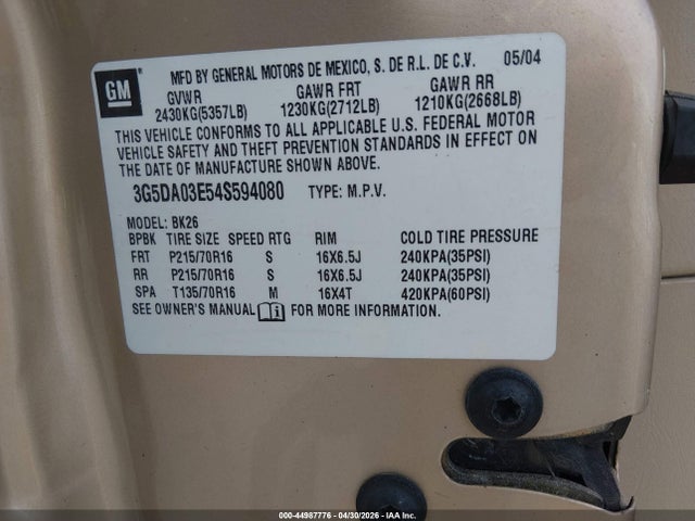 44987776 :رقم المزاد ، 3G5DA03E54S594080 vin ، 2004 Buick Rendezvous Cx مزاد بيع