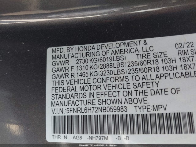 Honda Odyssey Ex-l 2022 5FNRL6H72NB059983 Image 9