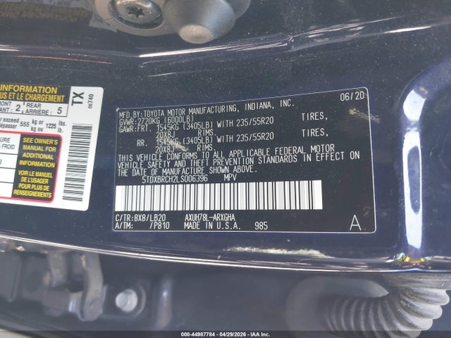 2020 Toyota Highlander Hybrid Limited მანქანა იყიდება აუქციონზე, vin: 5TDXBRCH2LS006396, აუქციონის ნომერი: 44987784