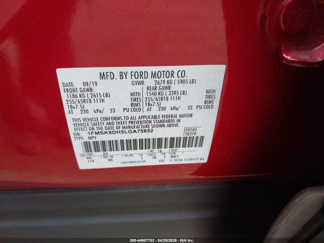Ford EXPLORER XLT 2020 1FMSK8DH5LGA75852 Image 9