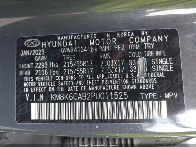 2023 Hyundai Kona Sel მანქანა იყიდება აუქციონზე, vin: KM8K6CAB2PU011525, აუქციონის ნომერი: 44987790