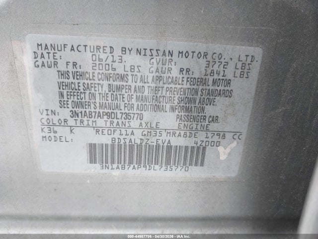 44987796 :رقم المزاد ، 3N1AB7AP9DL735770 vin ، 2013 Nissan Sentra Sv مزاد بيع