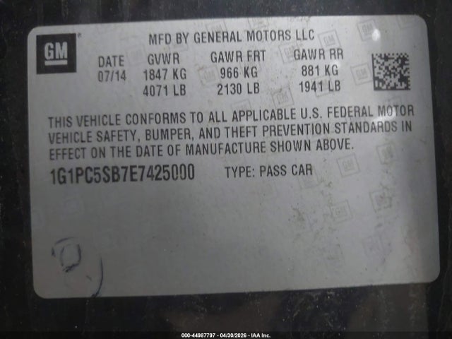Продаж на аукціоні авто 2014 Chevrolet Cruze 1lt Auto, vin: 1G1PC5SB7E7425000, номер лоту: 44987797