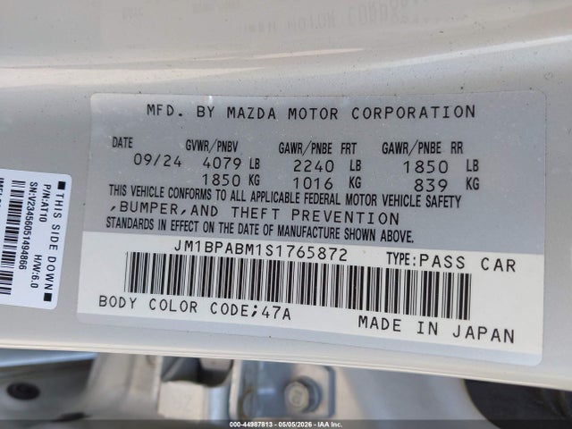 Aukcja sprzedaży 2025 Mazda Mazda3, vin: JM1BPABM1S1765872, numer aukcji: 44987813