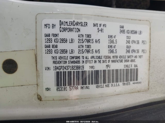 2001 Dodge Grand Caravan Se მანქანა იყიდება აუქციონზე, vin: 1B4GP24371B238019, აუქციონის ნომერი: 44987816