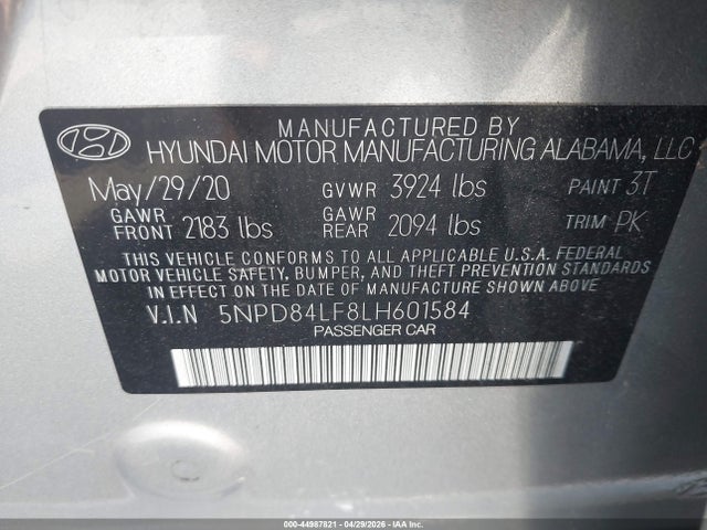 44987821 :رقم المزاد ، 5NPD84LF8LH601584 vin ، 2020 Hyundai Elantra Sel مزاد بيع