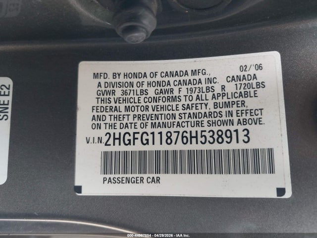 2006 Honda Civic Ex მანქანა იყიდება აუქციონზე, vin: 2HGFG11876H538913, აუქციონის ნომერი: 44987854