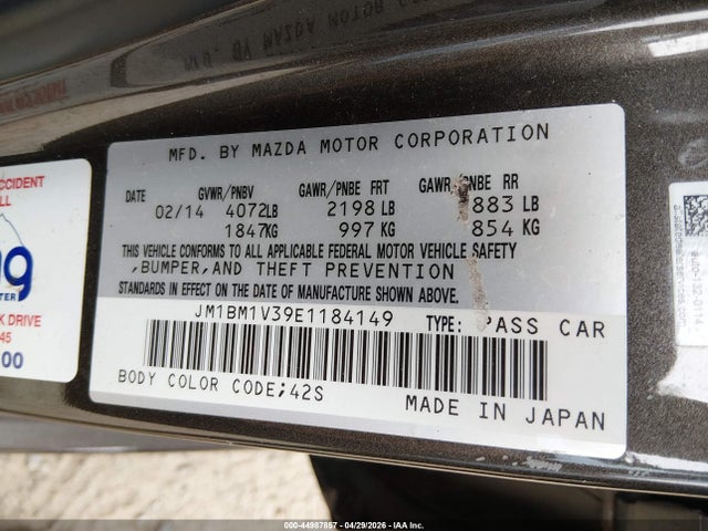 2014 Mazda Mazda3 S Touring მანქანა იყიდება აუქციონზე, vin: JM1BM1V39E1184149, აუქციონის ნომერი: 44987857