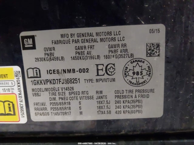 Продаж на аукціоні авто 2015 Gmc Acadia Sle-2, vin: 1GKKVPKD7FJ368251, номер лоту: 44987865