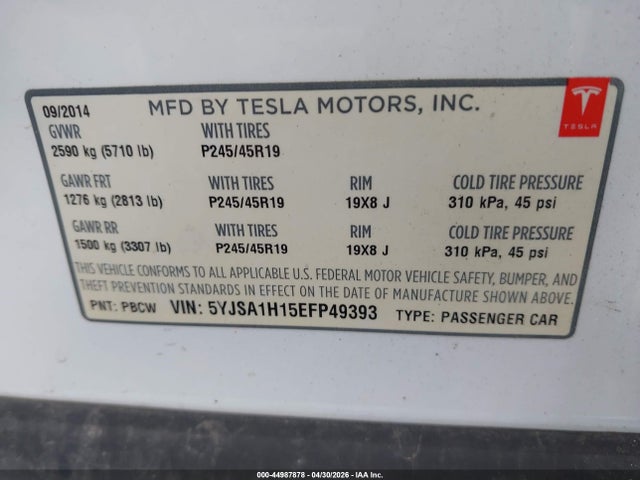 Tesla Model S P85 2014 5YJSA1H15EFP49393 Image 9