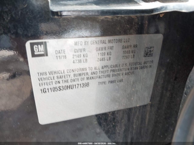 44987880 :رقم المزاد ، 1G1105S30HU171398 vin ، 2017 Chevrolet Impala 1lt مزاد بيع