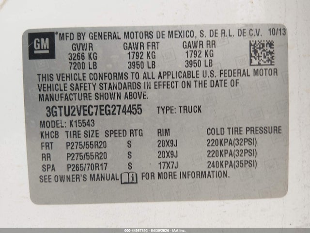 Aukcja sprzedaży 2014 Gmc Sierra 1500 Slt, vin: 3GTU2VEC7EG274455, numer aukcji: 44987893
