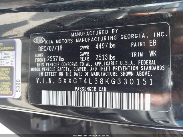 Продажа на аукционе авто 2019 Kia Optima S, vin: 5XXGT4L38KG330151, номер лота: 44987894