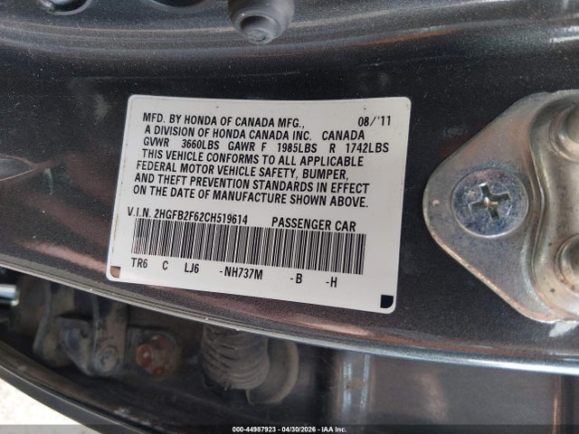 Aukcja sprzedaży 2012 Honda Civic Hf, vin: 2HGFB2F62CH519614, numer aukcji: 44987923