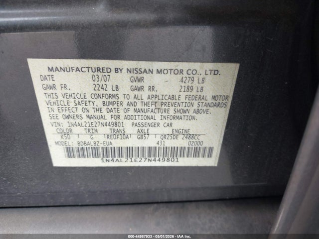 Aukcja sprzedaży 2007 Nissan Altima 2.5 S, vin: 1N4AL21E27N449801, numer aukcji: 44987933