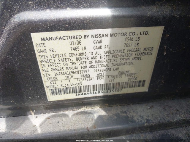 Aukcja sprzedaży 2006 Nissan Maxima 3.5 Se, vin: 1N4BA41E96C835597, numer aukcji: 44987932