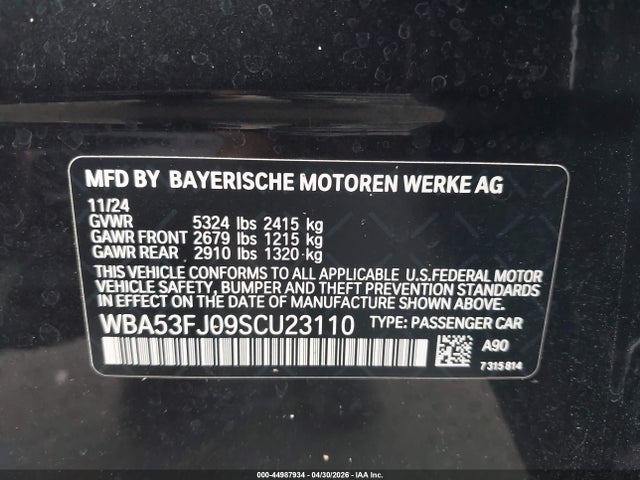 2025 Bmw 530i Xdrive მანქანა იყიდება აუქციონზე, vin: WBA53FJ09SCU23110, აუქციონის ნომერი: 44987934