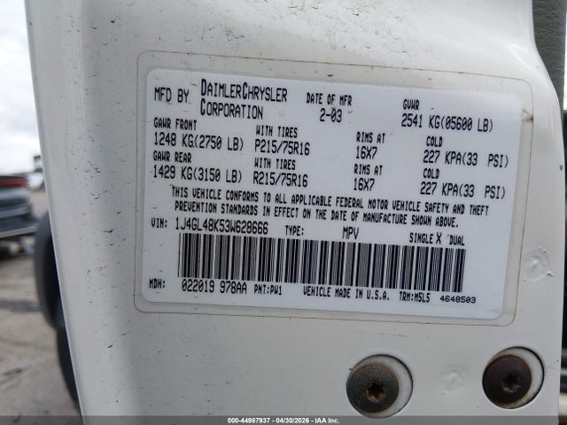 Aukcja sprzedaży 2003 Jeep Liberty Sport, vin: 1J4GL48K53W628666, numer aukcji: 44987937
