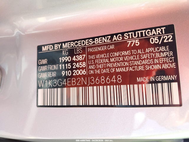Aukcja sprzedaży 2022 Mercedes-benz A 220, vin: W1K3G4EB2NJ368648, numer aukcji: 44987948