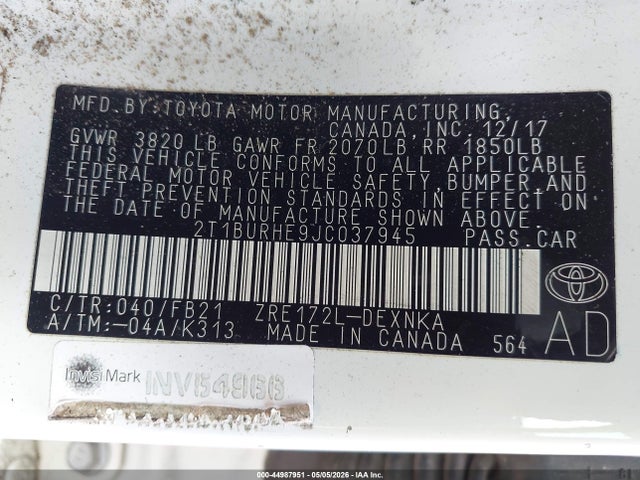 2T1BURHE9JC037945 Toyota COROLLA LE