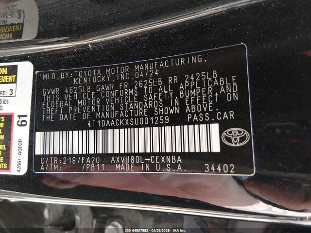 44987952 :رقم المزاد ، 4T1DAACKXSU001259 vin ، 2025 Toyota Camry Le مزاد بيع
