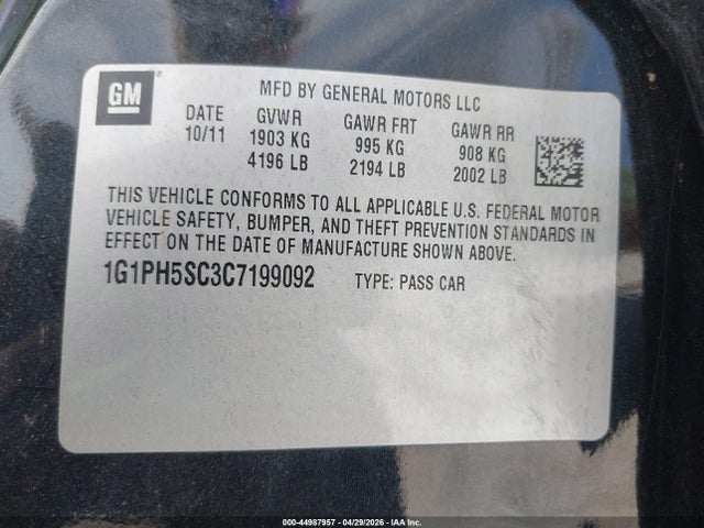 Auction sale of the 2012 Chevrolet Cruze Ltz, vin: 1G1PH5SC3C7199092, lot number: 44987957