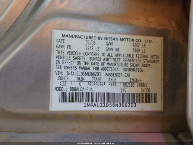Aukcja sprzedaży 2006 Nissan Altima 2.5 S, vin: 1N4AL11D56N366203, numer aukcji: 44987959