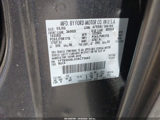 Продажа на аукционе авто 2003 Ford F-150 Lariat/xlt, vin: 1FTRW08LX3KC72665, номер лота: 44987961