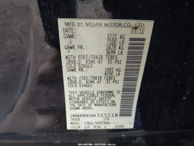 Aukcja sprzedaży 2010 Nissan Titan Se, vin: 1N6BA0EKXAN315518, numer aukcji: 44987966