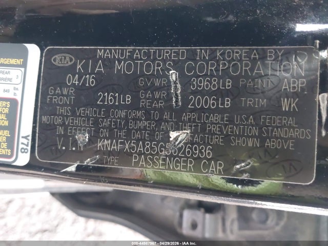 44987967 :رقم المزاد ، KNAFX5A85G5626936 vin ، 2016 Kia Forte Ex مزاد بيع
