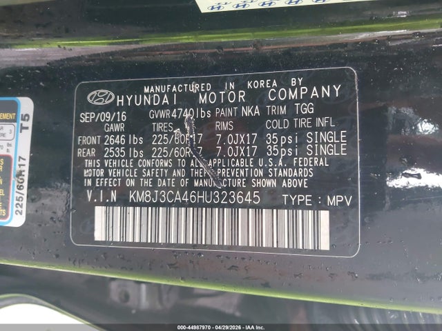 Продажа на аукционе авто 2017 Hyundai Tucson Se, vin: KM8J3CA46HU323645, номер лота: 44987970