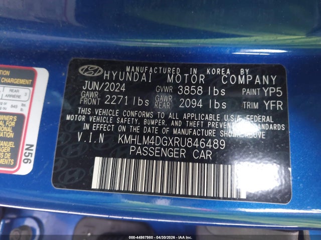 44987980 :رقم المزاد ، KMHLM4DGXRU846489 vin ، 2024 Hyundai Elantra Sel مزاد بيع