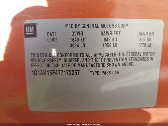 Aukcja sprzedaży 2007 Chevrolet Cobalt Ls, vin: 1G1AK15F477172267, numer aukcji: 44987982