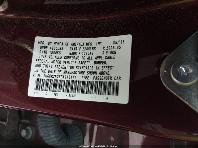 1HGCR2F35GA216111 Honda ACCORD LX