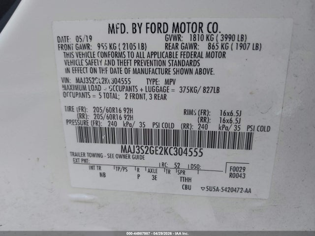44987987 :رقم المزاد ، MAJ3S2GE2KC304555 vin ، 2019 Ford Ecosport Se مزاد بيع