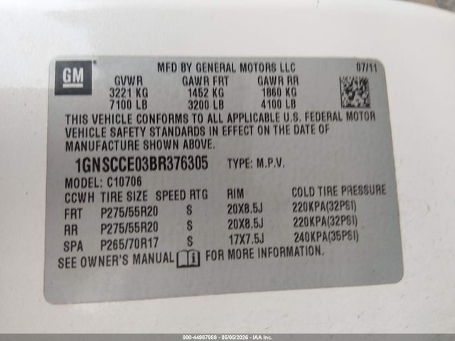 44987988 :رقم المزاد ، 1GNSCCE03BR376305 vin ، 2011 Chevrolet Tahoe Ltz مزاد بيع
