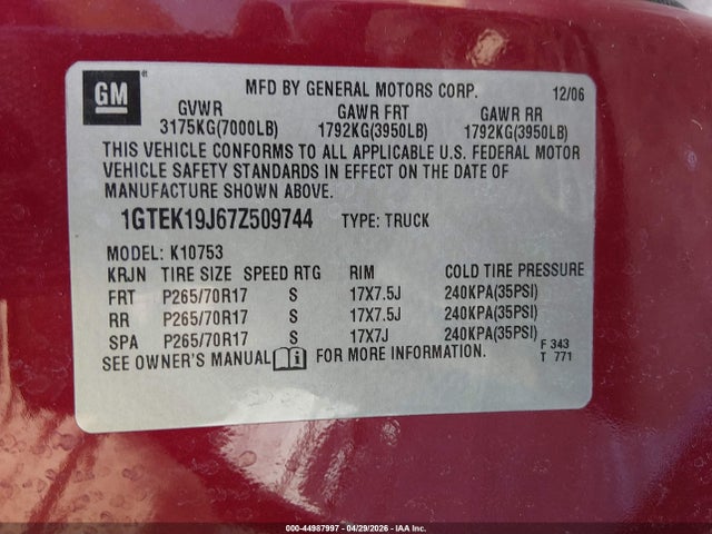44987997 :رقم المزاد ، 1GTEK19J67Z509744 vin ، 2007 Gmc Sierra 1500 Sle2 مزاد بيع