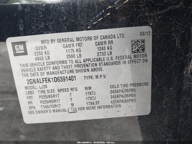 44988012 :رقم المزاد ، 2GNALFEK1D6391401 vin ، 2013 Chevrolet Equinox Ltz مزاد بيع