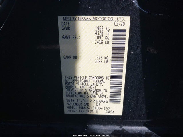 Продаж на аукціоні авто 2020 Nissan Altima Sr Fwd, vin: 1N4BL4CV0LC229866, номер лоту: 44988016