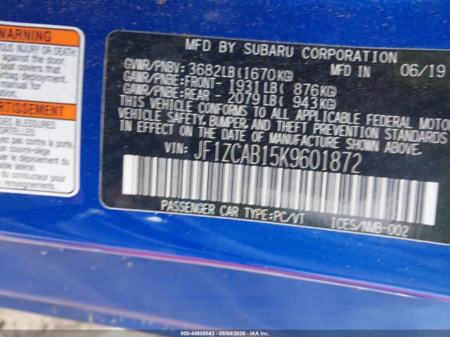 44988043 :رقم المزاد ، JF1ZCAB15K9601872 vin ، 2019 Subaru Brz Premium مزاد بيع