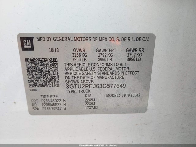Aukcja sprzedaży 2018 Gmc Sierra 1500 Denali, vin: 3GTU2PEJ6JG577649, numer aukcji: 44988044