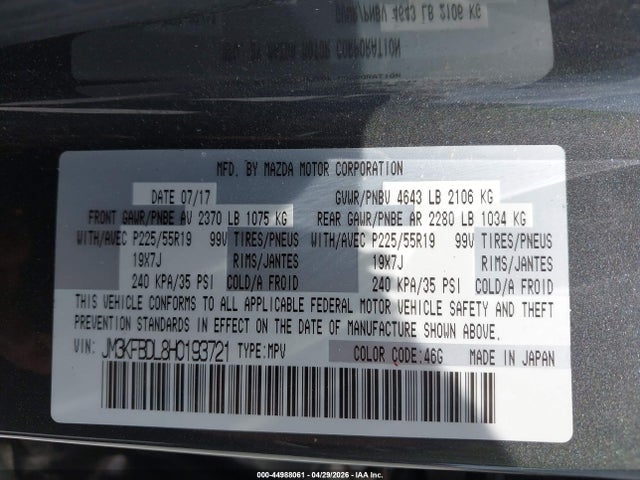 44988061 :رقم المزاد ، JM3KFBDL8H0193721 vin ، 2017 Mazda Cx-5 Grand Touring مزاد بيع