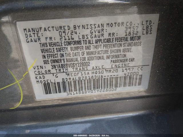 Aukcja sprzedaży 2025 Nissan Sentra S, vin: 3N1AB8BV0SY228002, numer aukcji: 44988063