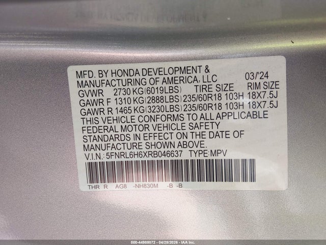 5FNRL6H6XRB046637 Honda Odyssey Ex-l