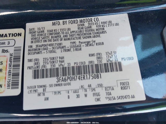 44988081 :رقم المزاد ، 3FA6P0H74ER175081 vin ، 2014 Ford Fusion Se مزاد بيع