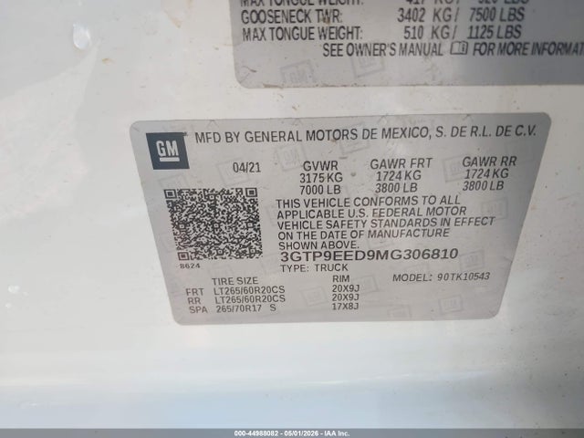 Aukcja sprzedaży 2021 Gmc Sierra 1500 4wd  Short Box At4, vin: 3GTP9EED9MG306810, numer aukcji: 44988082
